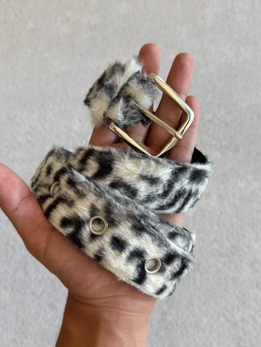 Gray Snow Leopard Fur Eyelet Belt